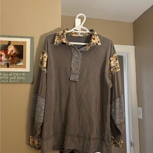 POL Women’s Brown Casual Shirt with Floral and Stripe Details